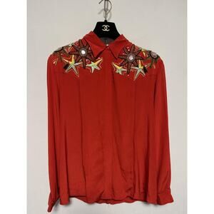 Cedars Shirt Womens 12 Red Silk Embroidered Western Beaded Star Floral Crystal